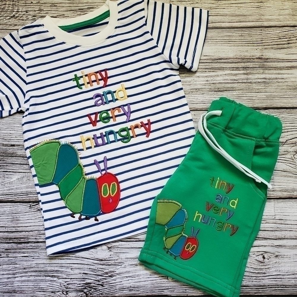 The Very Hungry Caterpillar Embroidered T-Shirt Shorts Outfit Strawberry Picking